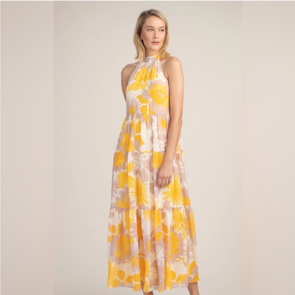 Trina Turk Floral Halter Maxi Dress Yellow Pink Tiered Ruffle Neck XL